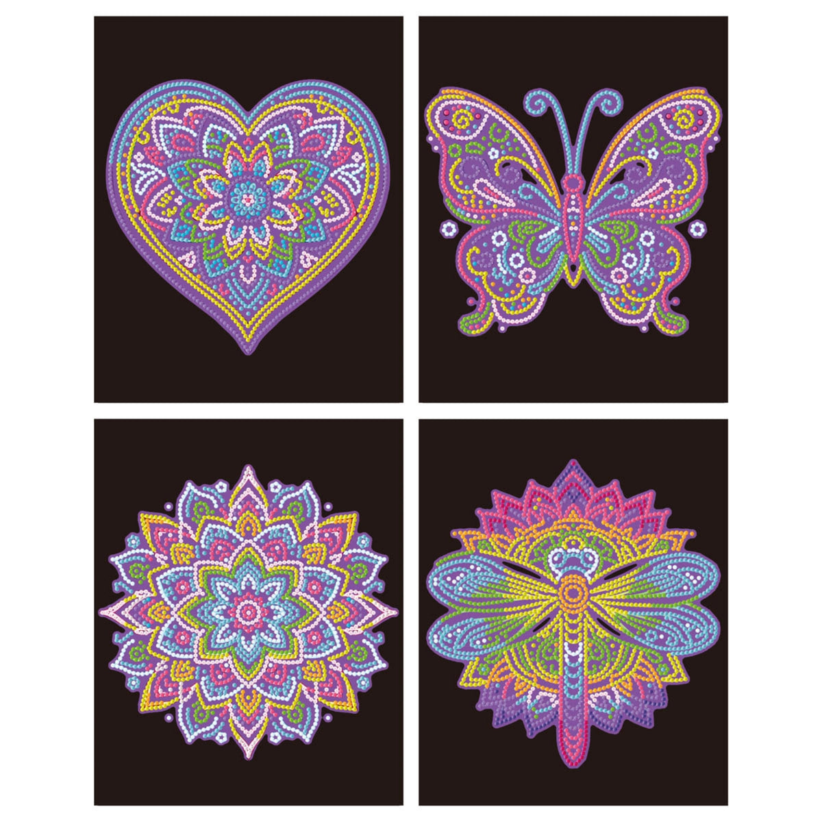 Diamond Dotz Neon Flock Black Set – Neon Mandalas – 4 Pack (20 x 25cm)