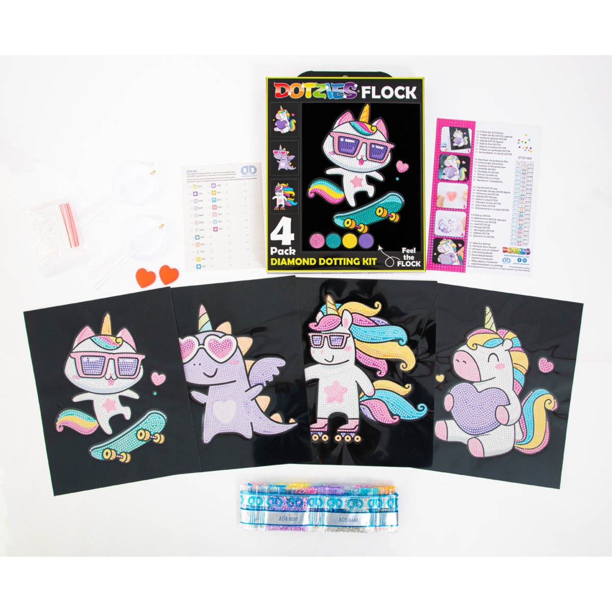 Diamond Dotz Neon Flock Black Set – Neon Unicorns – 4 Pack (20 x 25cm)