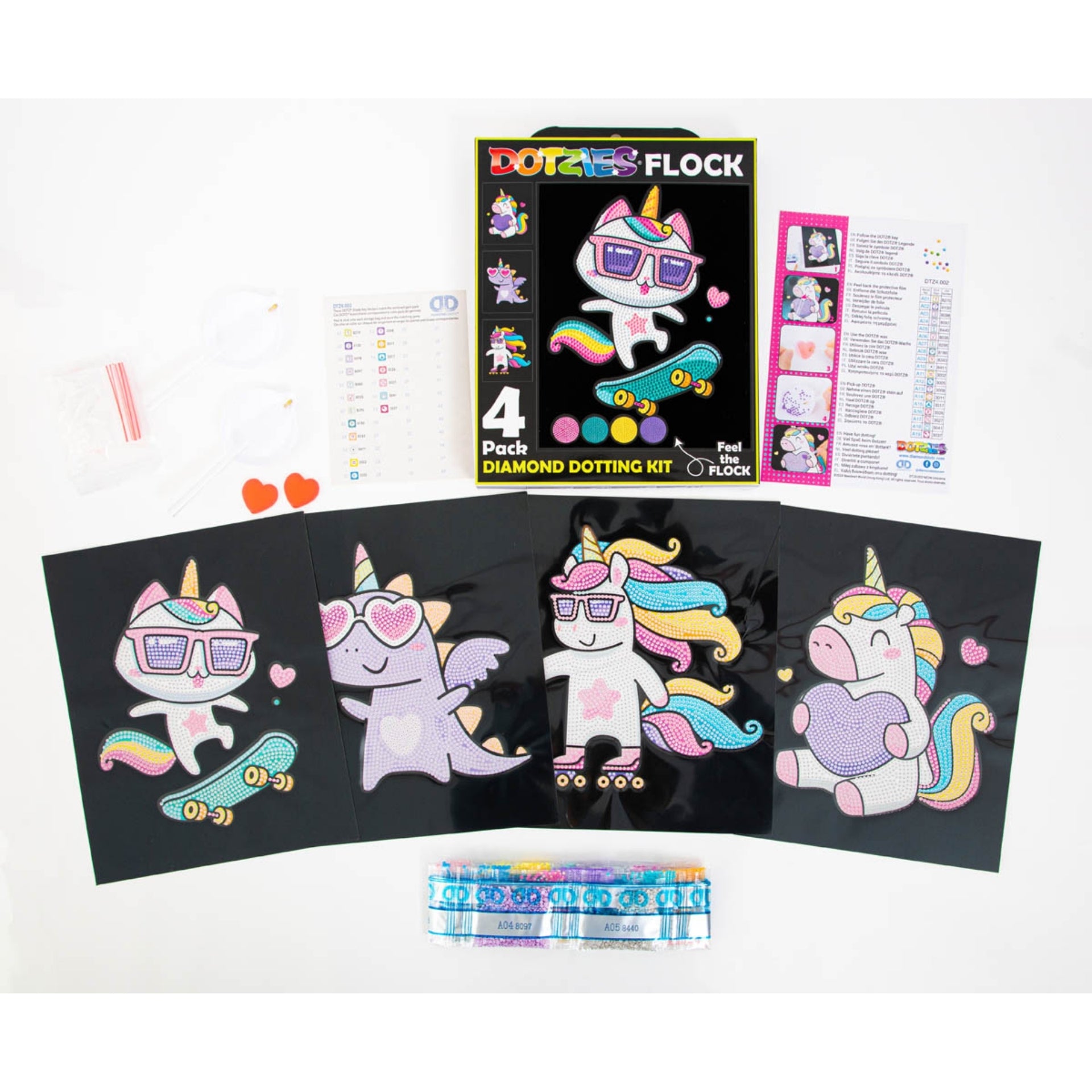 Diamond Dotz Neon Flock Black Set – Neon Unicorns – 4 Pack (20 x 25cm)