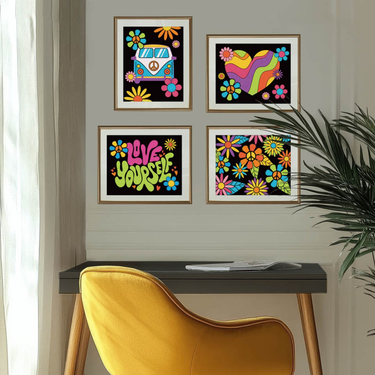 Diamond Dotz Neon Flock Black Set – Neon Peace & Love – 4 Pack (20 x 25cm)