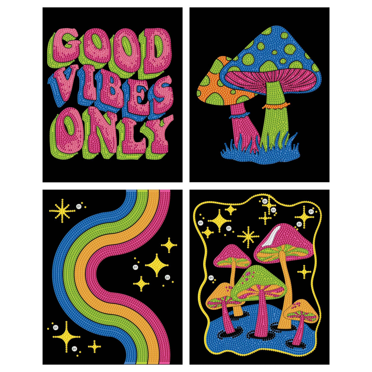 Diamond Dotz Neon Flock Black Set – Neon Good Vibes – 4 Pack (20 x 25cm)