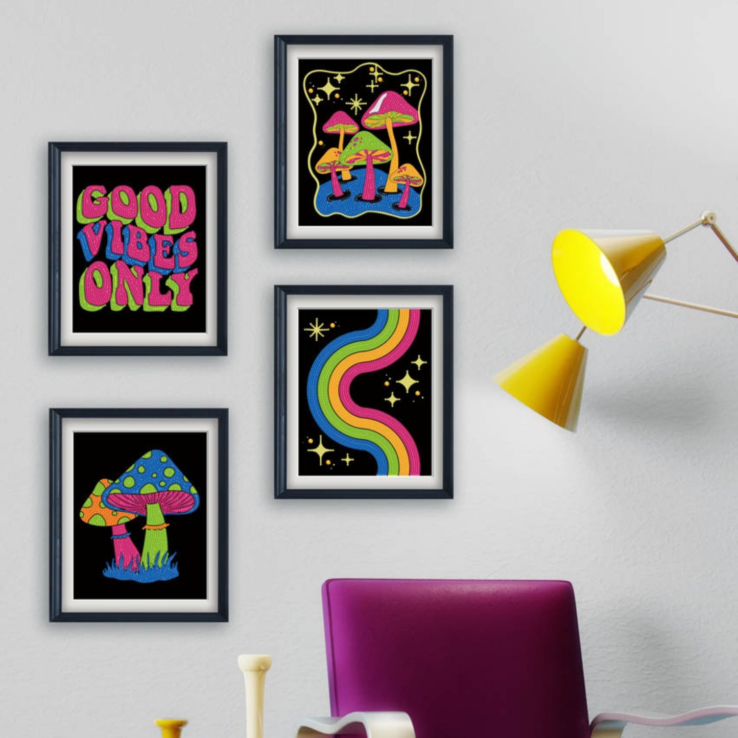 Diamond Dotz Neon Flock Black Set – Neon Good Vibes – 4 Pack (20 x 25cm)