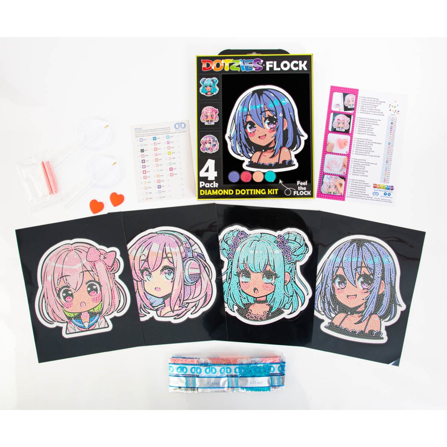 Diamond Dotz Neon Flock Black Set – Neon Anime Girls – 4 Pack (20 x 25cm)