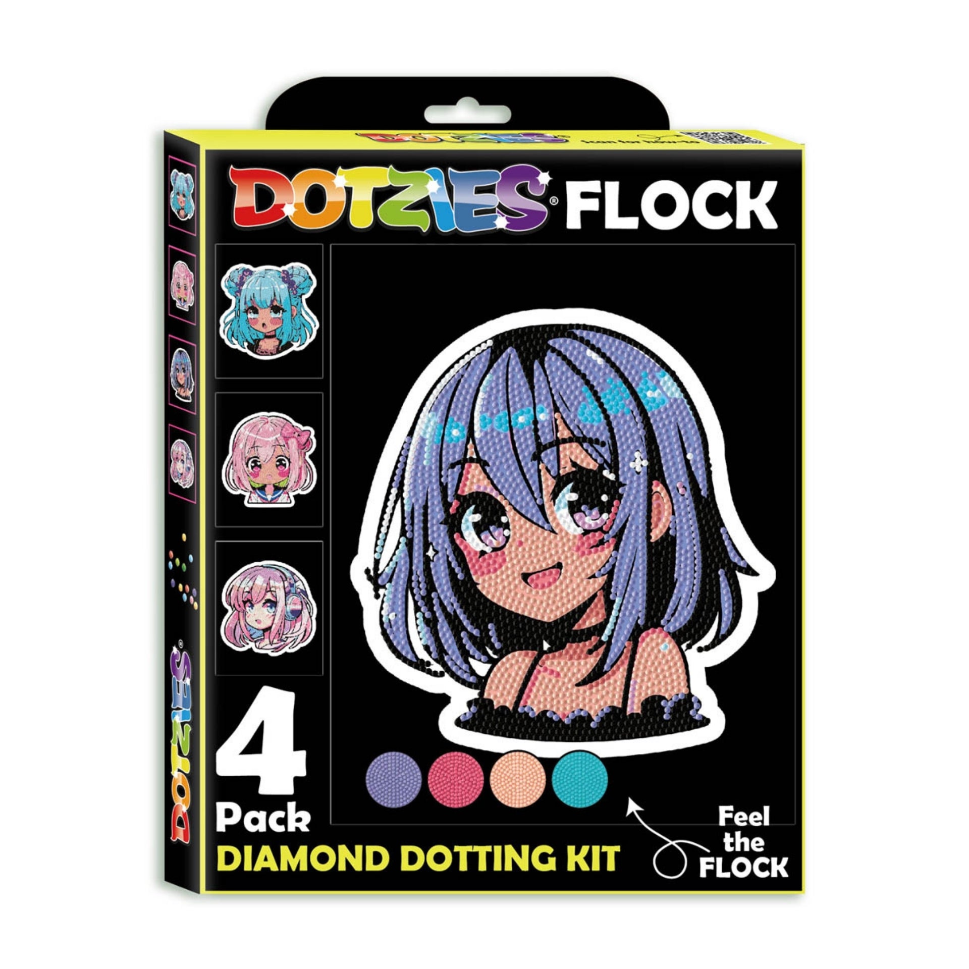 Diamond Dotz Neon Flock Black Set – Neon Anime Girls – 4 Pack (20 x 25cm)