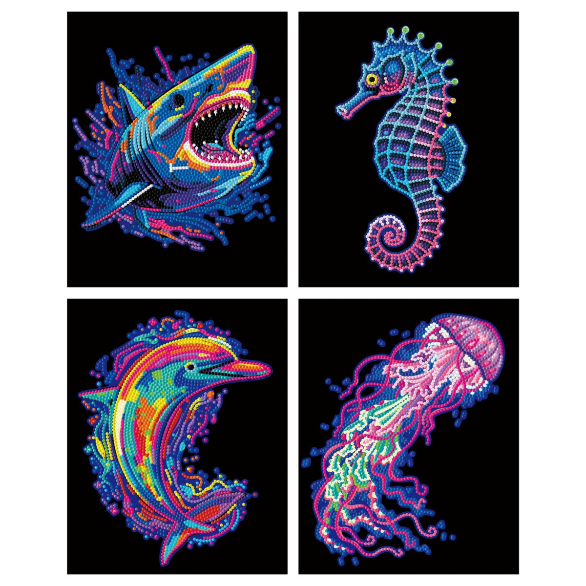 Diamond Dotz Neon Flock Black Set – Neon Sea Life – 4 Pack (20 x 25cm)