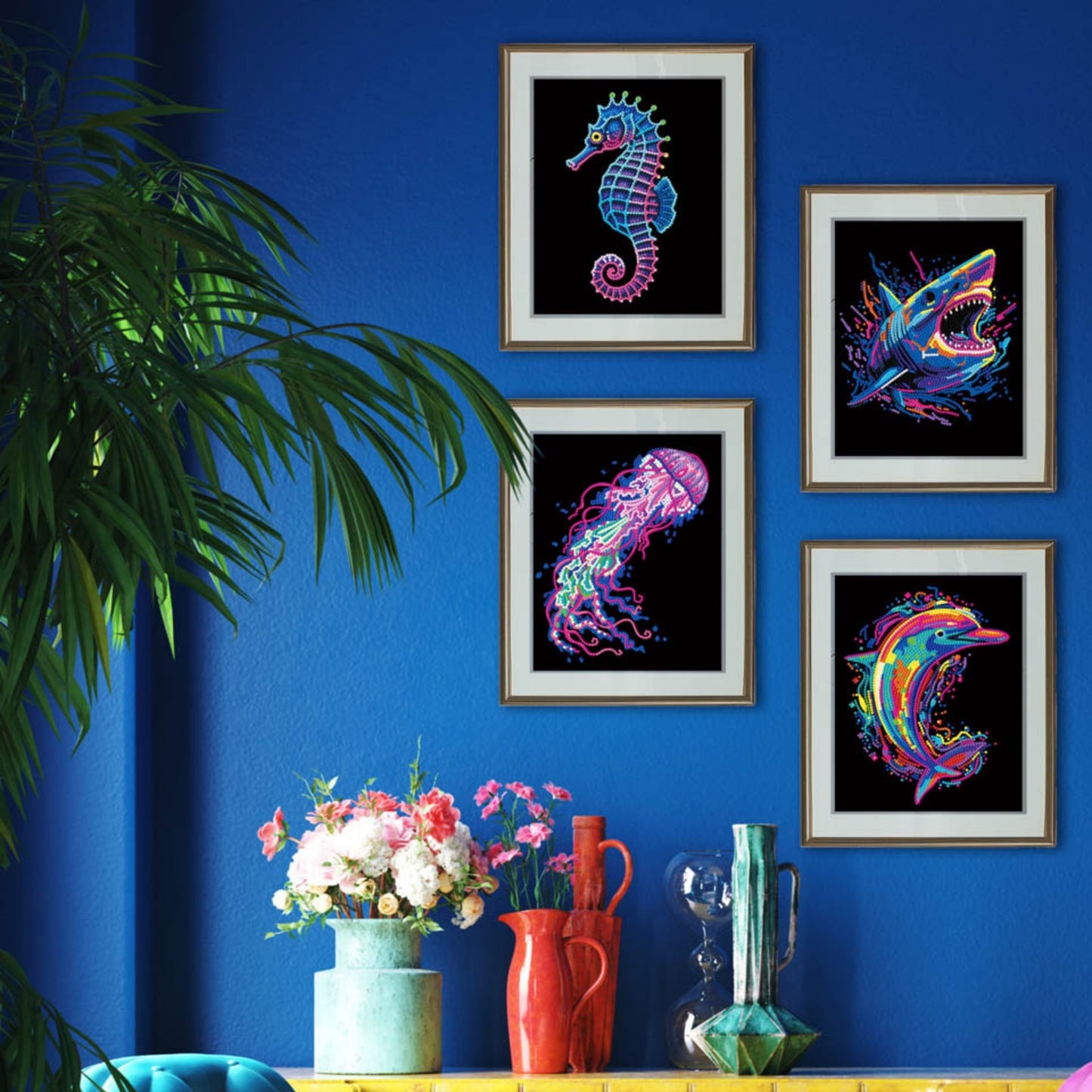Diamond Dotz Neon Flock Black Set – Neon Sea Life – 4 Pack (20 x 25cm)
