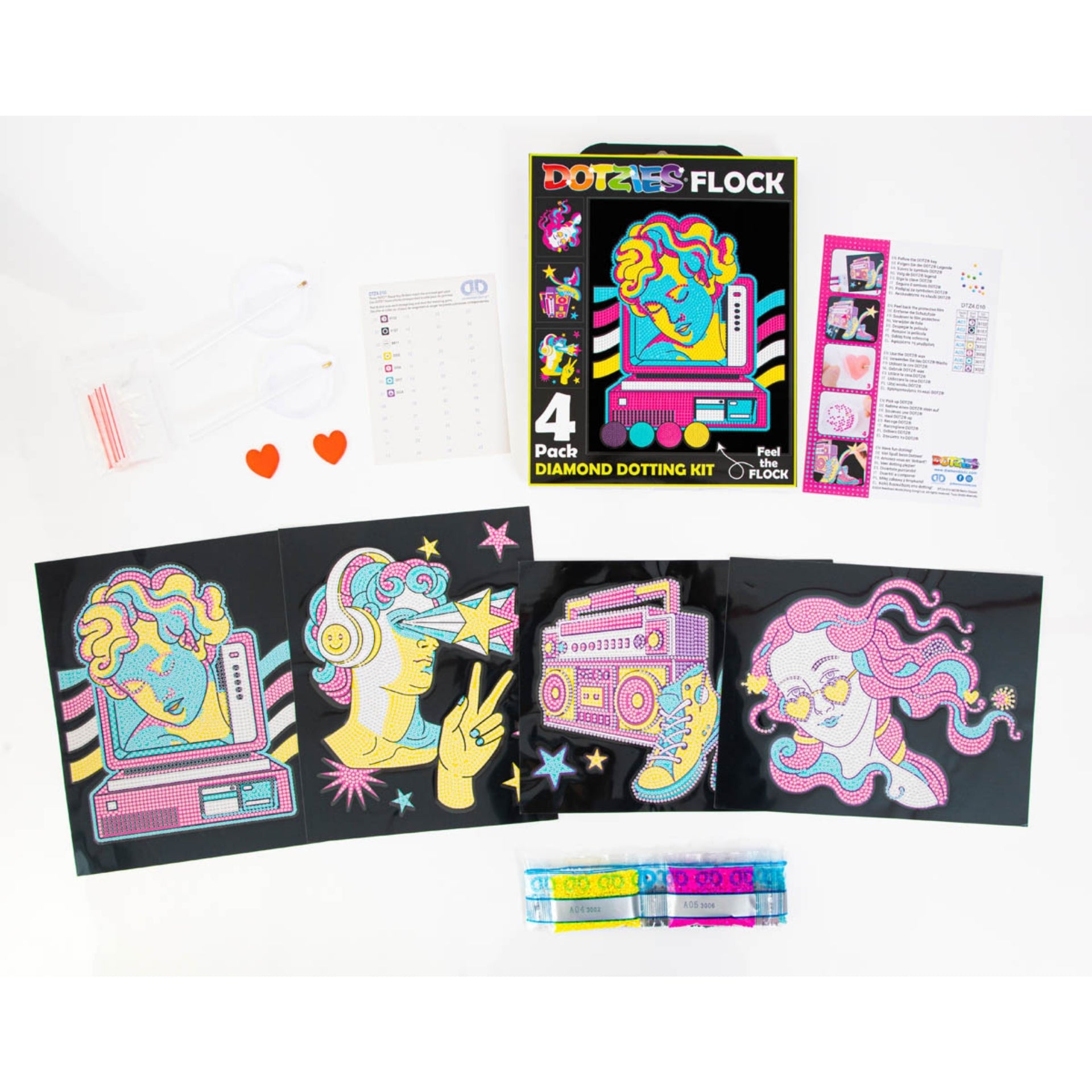 Diamond Dotz Neon Flock Black Set – Neon Retro Classic – 4 Pack (20 x 25cm)