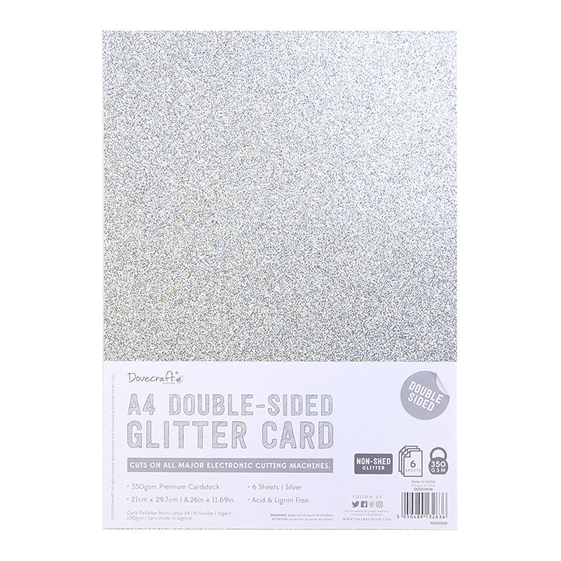 Dovecraft A4 Double Sided Glitter Pack - Silver - 350gsm - 6 Sheets