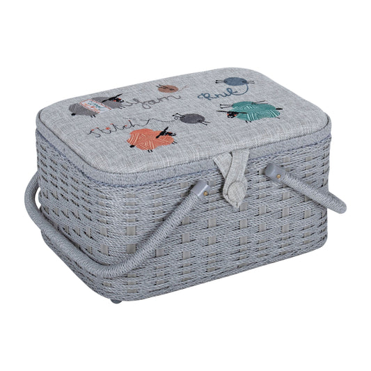 Hobby Gift Sewing Box Wicker Basket with Embroidered Lid, Knit Happens