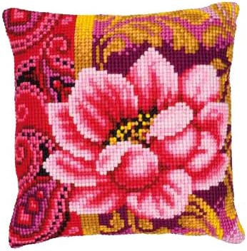 Vervaco Cushion cross stitch - red and pink flower on an autumnal background.