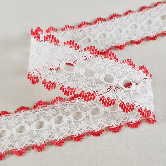 Knitting In Eyelet Lace 30mm White/Red 25 metre card