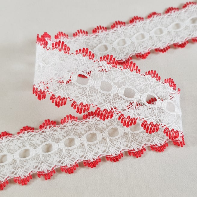 Knitting In Eyelet Lace 30mm White/Red 5 metre card