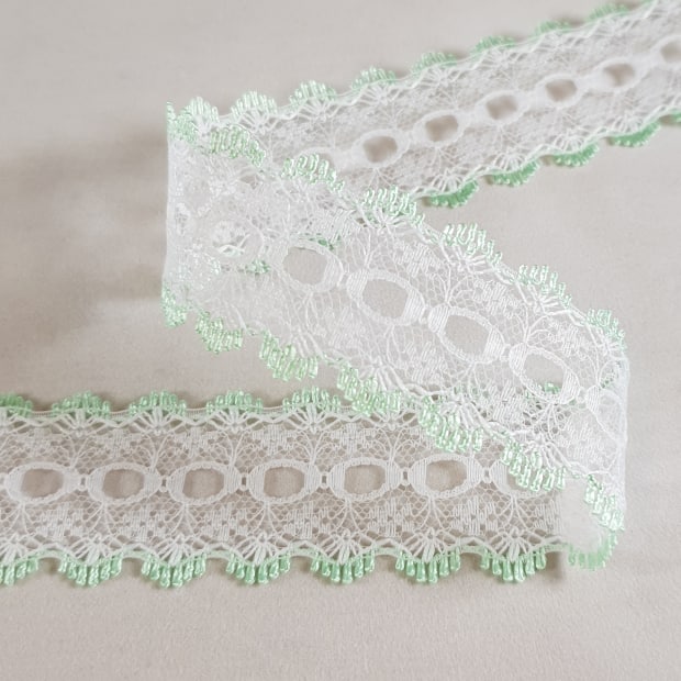 Knitting In Eyelet Lace 30mm White/Mint 5 metre card