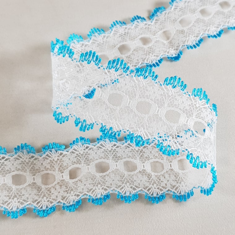 Knitting In Eyelet Lace 30mm White/Turquoise 5 metre card