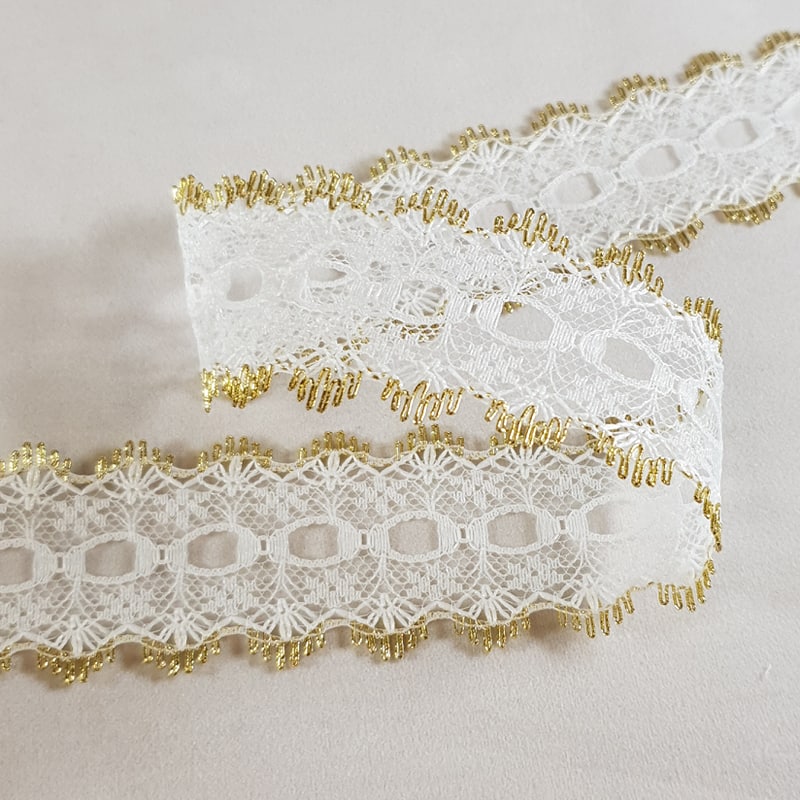 Knitting In Eyelet Lace 30mm White/Gold 5 metre card