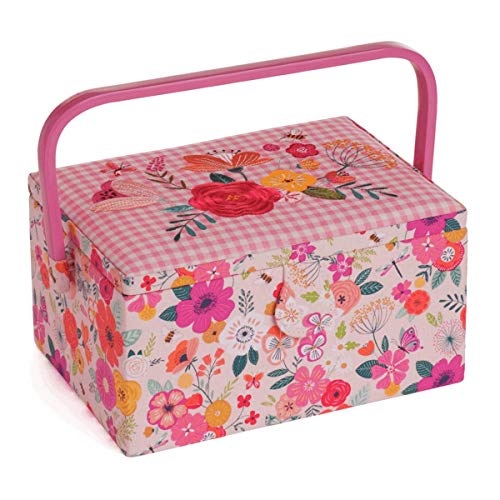Hobby Gift Sewing Box Medium Embroidered Floral Garden Pink