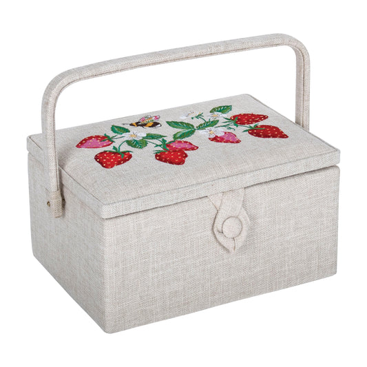 Hobby Gift Sewing Box Medium Embroidered Natural Strawberries