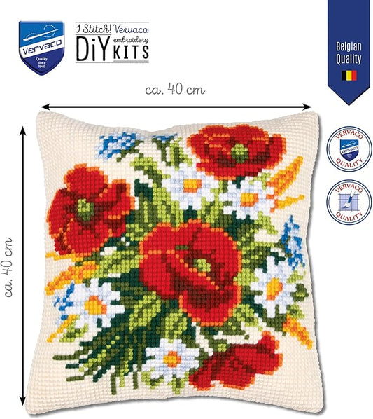 Vervaco Flowers Cross Stitch Cushion, Multi-Colour,40 x 40 cm