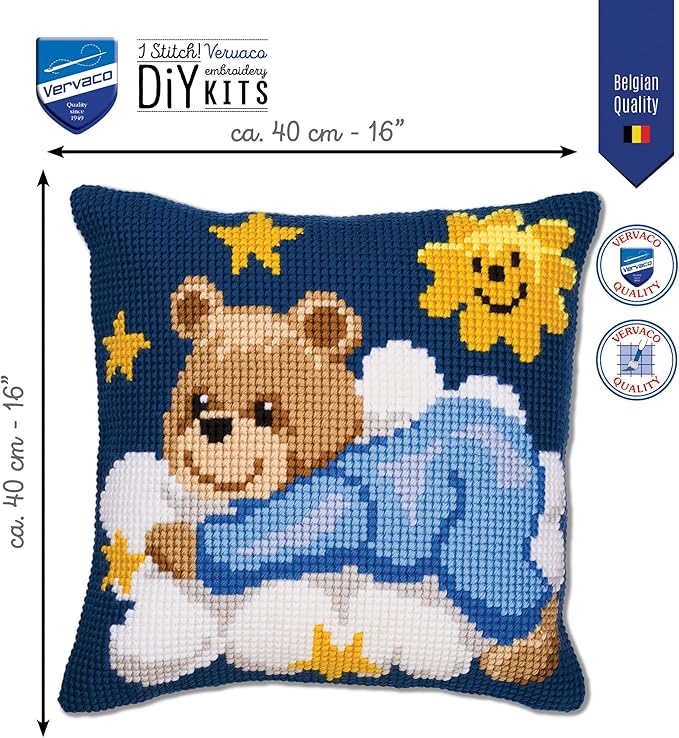 Vervaco - Cross Stitch Cushion Kit - Blue Teddy