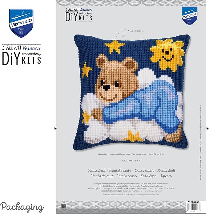 Vervaco - Cross Stitch Cushion Kit - Blue Teddy