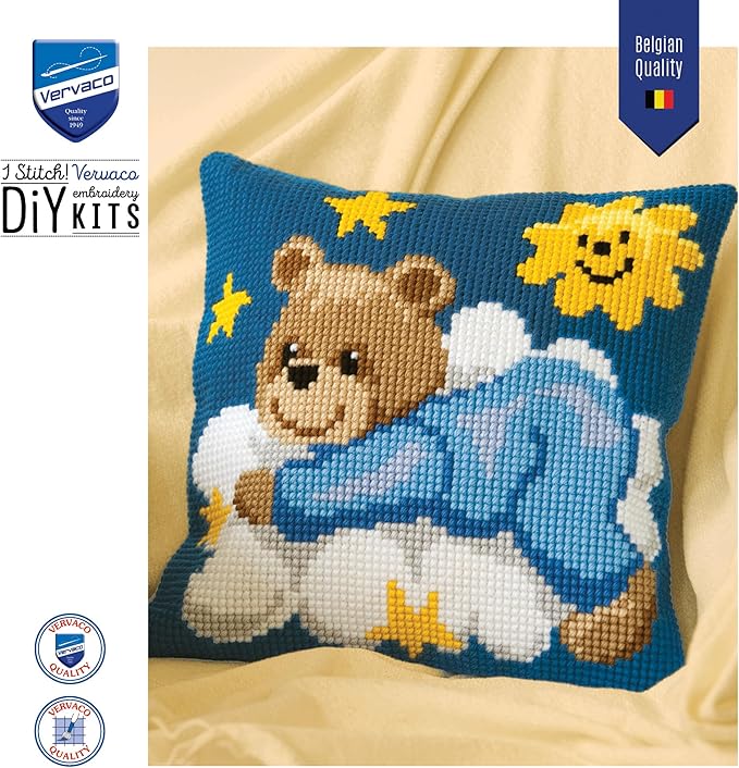 Vervaco - Cross Stitch Cushion Kit - Blue Teddy