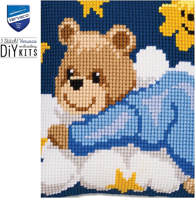 Vervaco - Cross Stitch Cushion Kit - Blue Teddy