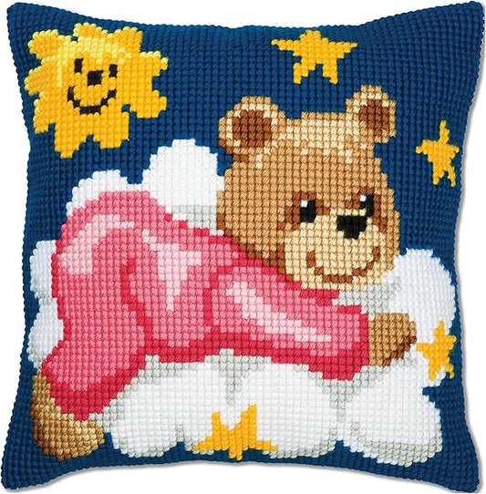 Vervaco Pink Teddy Cross Stitch Cushion, Multi-Colour