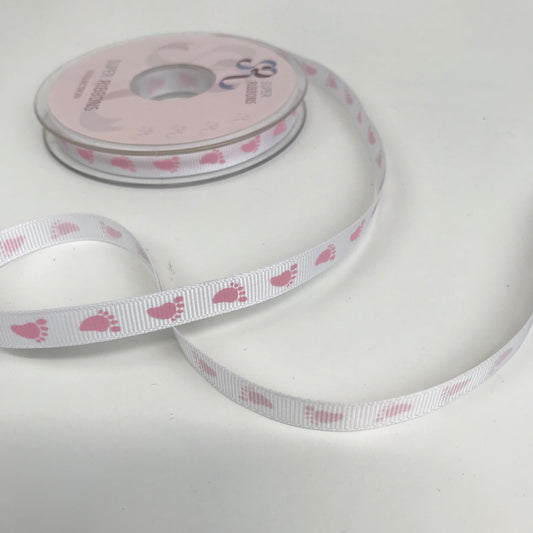 Baby Foot Print Ribbon Pink on White 10mm x 20 metres