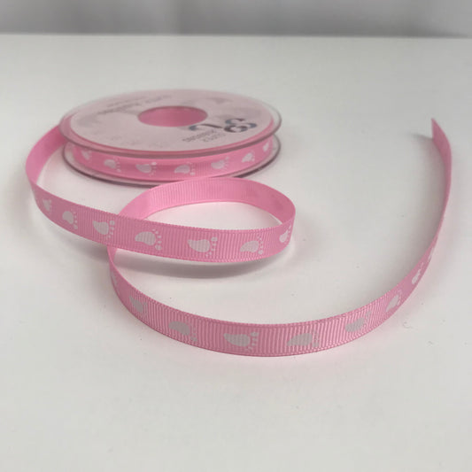 Baby Foot Print Ribbon White on Pink 10mm x 20 metres