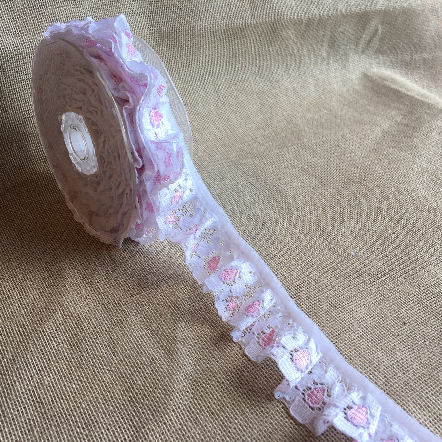 Lace Spot Design Frilled 1" White/Pink 5 metre reel