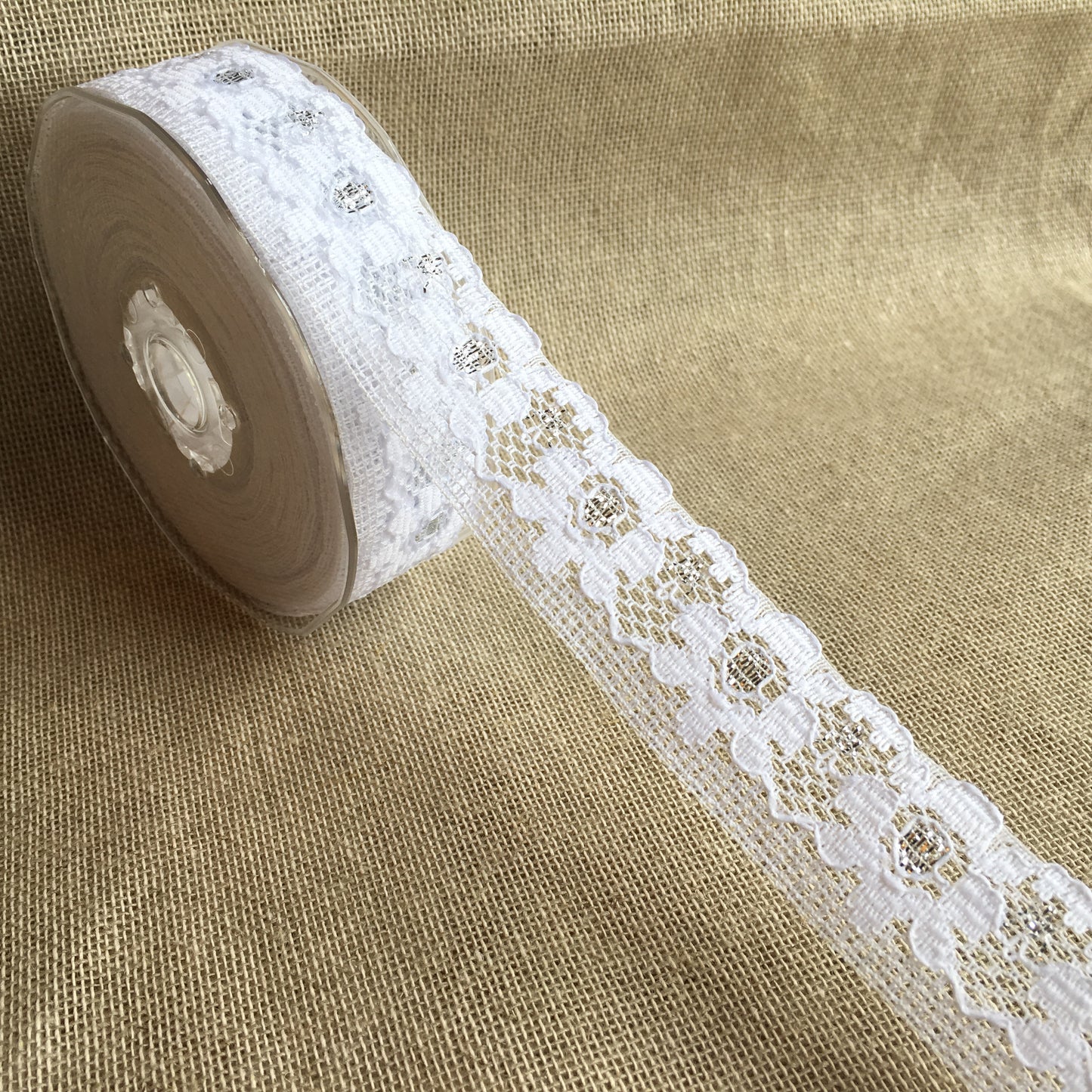 Lace Spot Design 1" White/Silver 15 metre reel