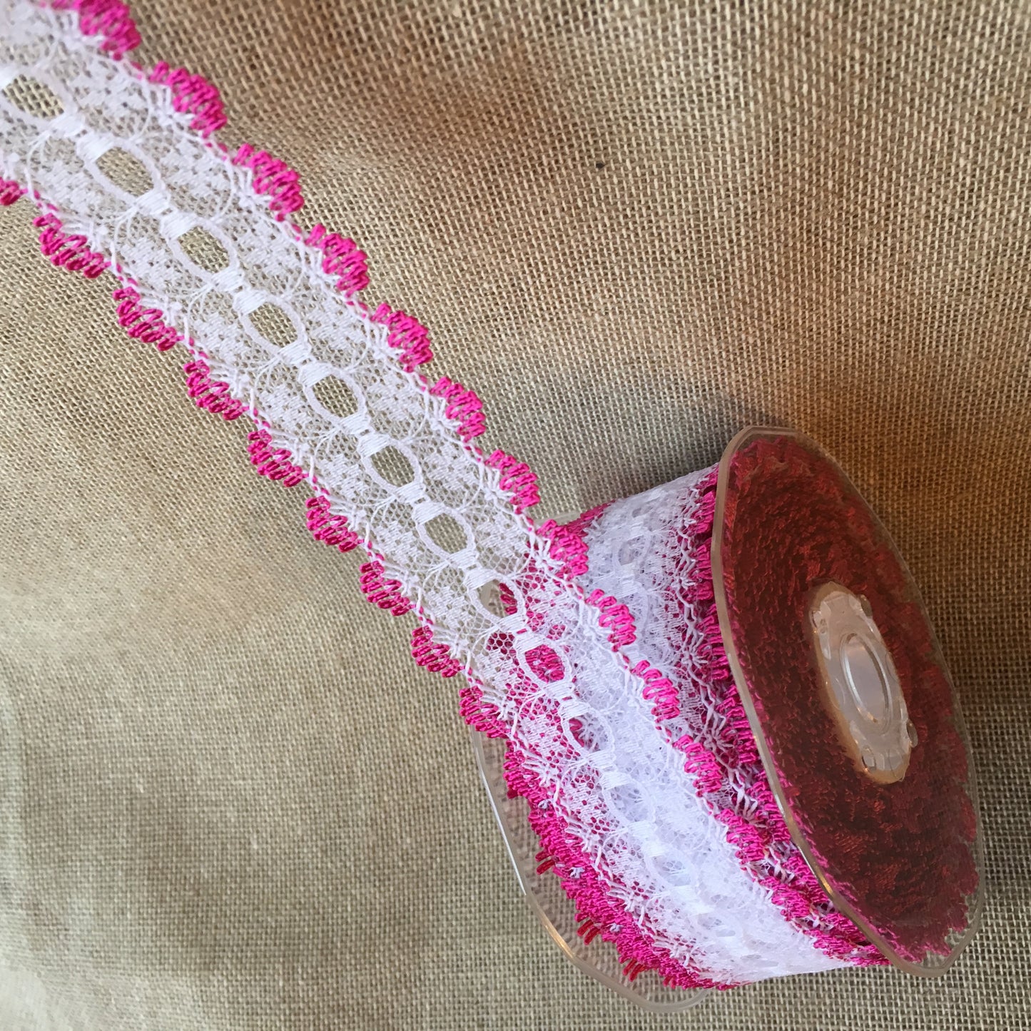 Knitting in Lace 30mm White/Cerise 15 metre reel