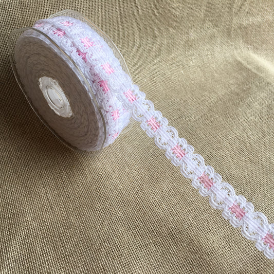 Lace Ribbon Slot Design White/Pink 20 metre reel