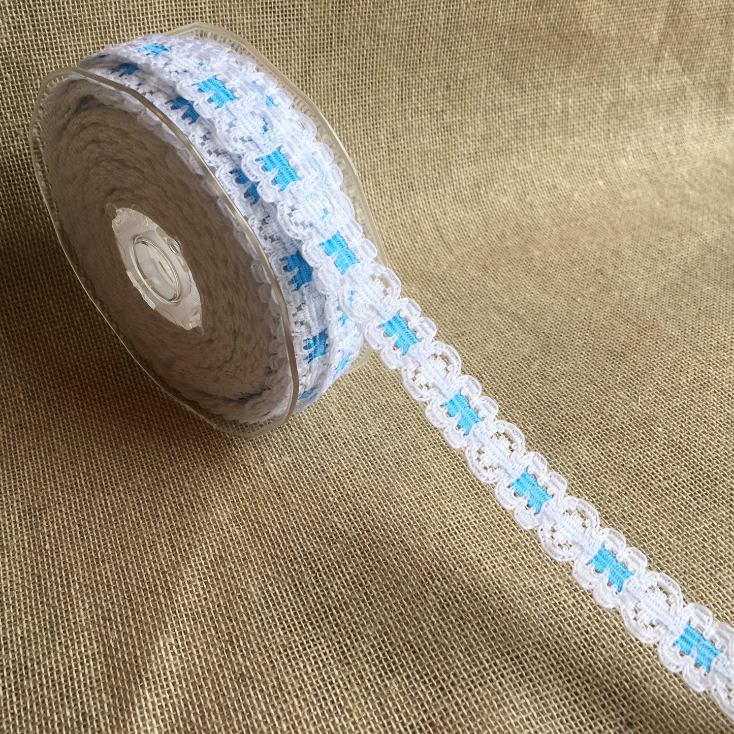 Lace Ribbon Slot Design White/Blue 20 metre reel