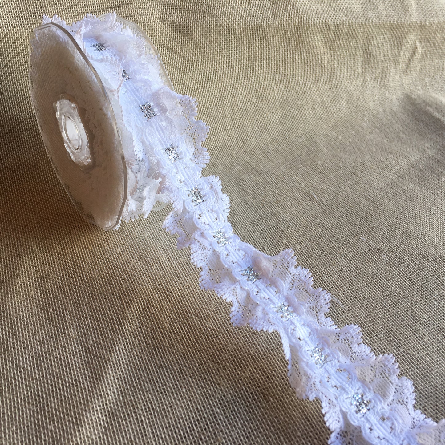 Lace Double Frill with Ribbon Slot 35mm White/Silver 5 metre reel