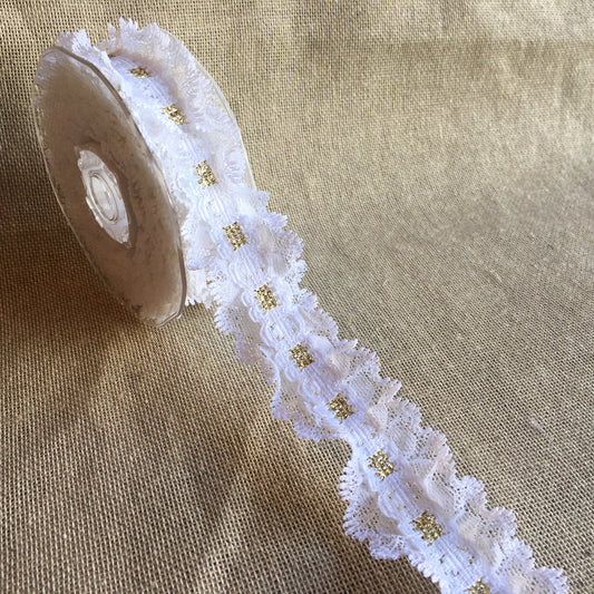 Lace Double Frill with Ribbon Slot 35mm White/Gold 5 metre reel