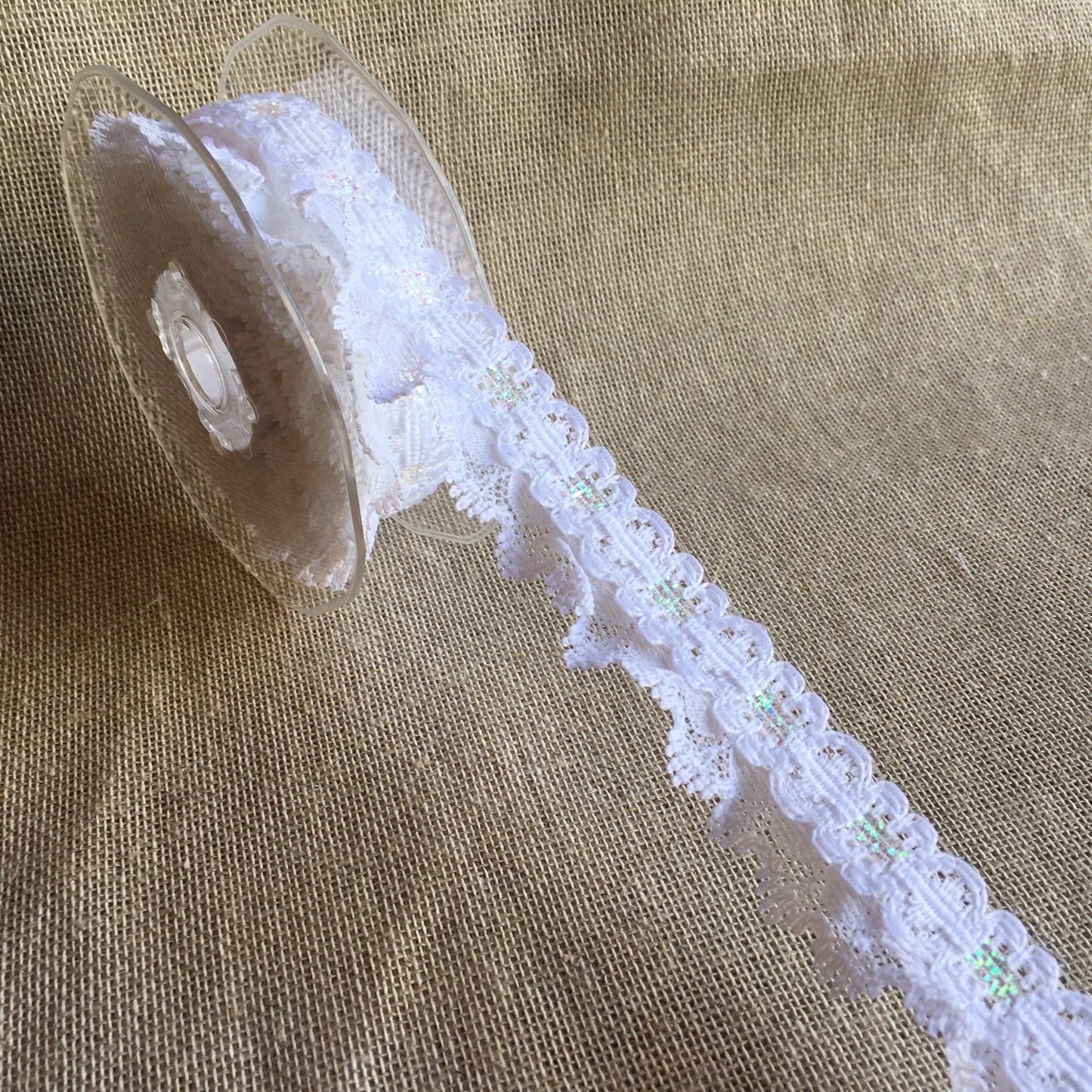 Lace Single Frill with Ribbon Slot 25mm White/Iridescent 5 metre reel