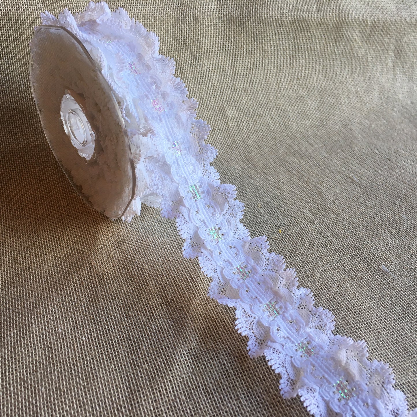 Lace Double Frill with Ribbon Slot 35mm White/Iridescent 5 metre reel