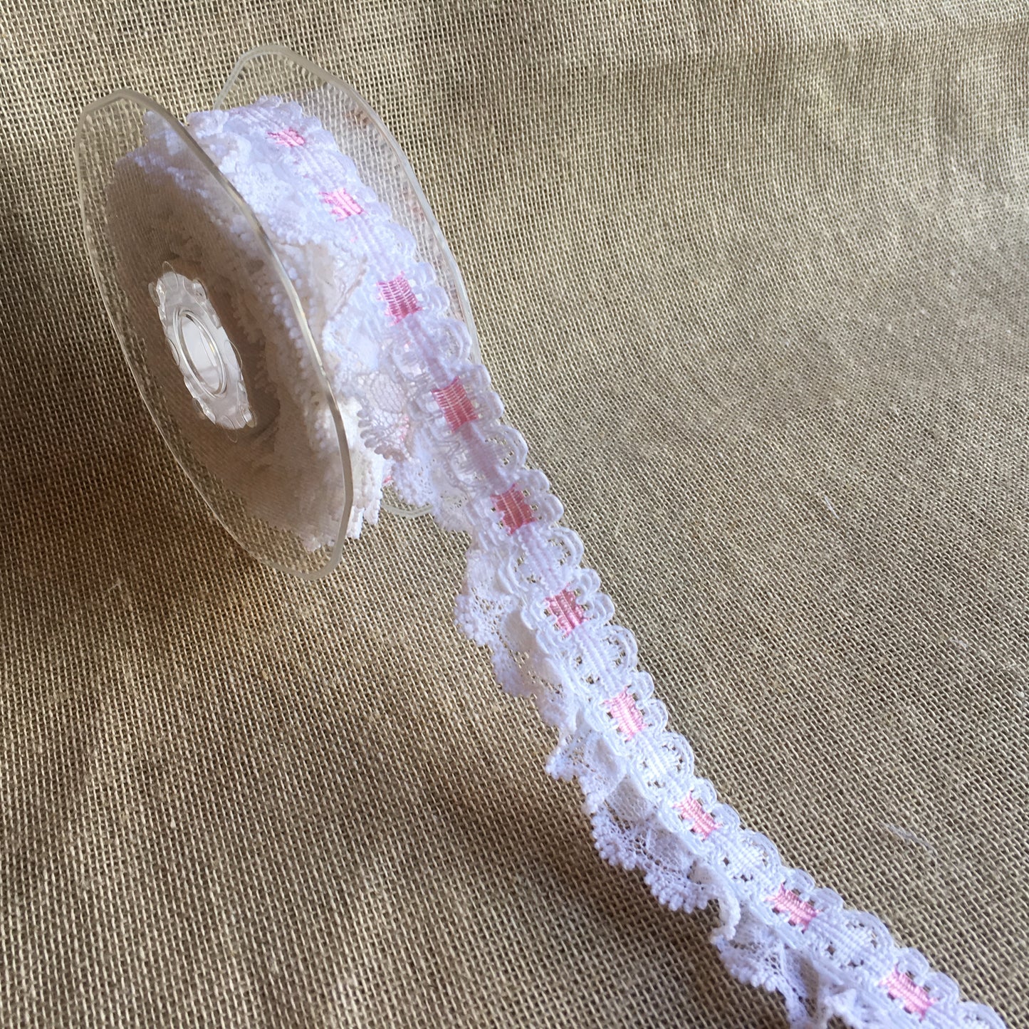 Lace Single Frill with Ribbon Slot 25mm White/Pink 5 metre reel