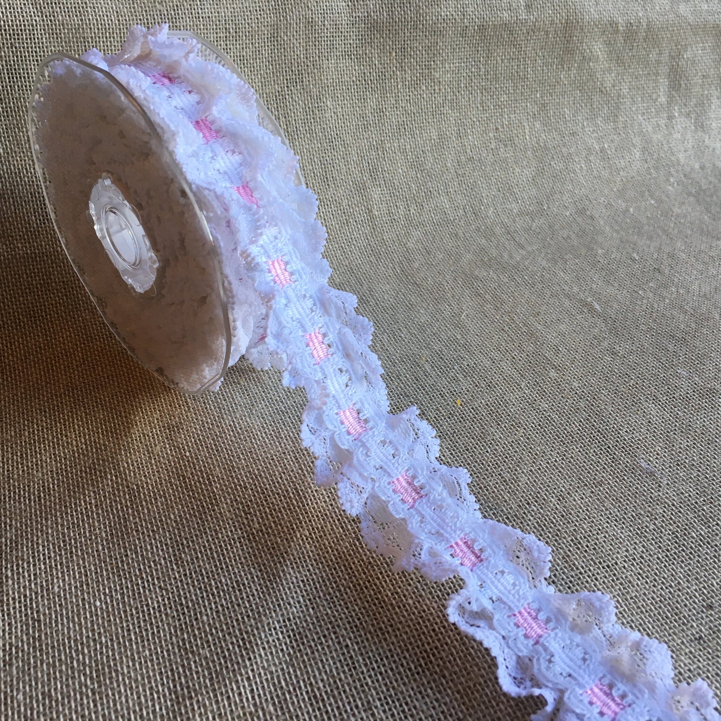 Lace Double Frill with Ribbon Slot 35mm White/Pink 5 metre reel