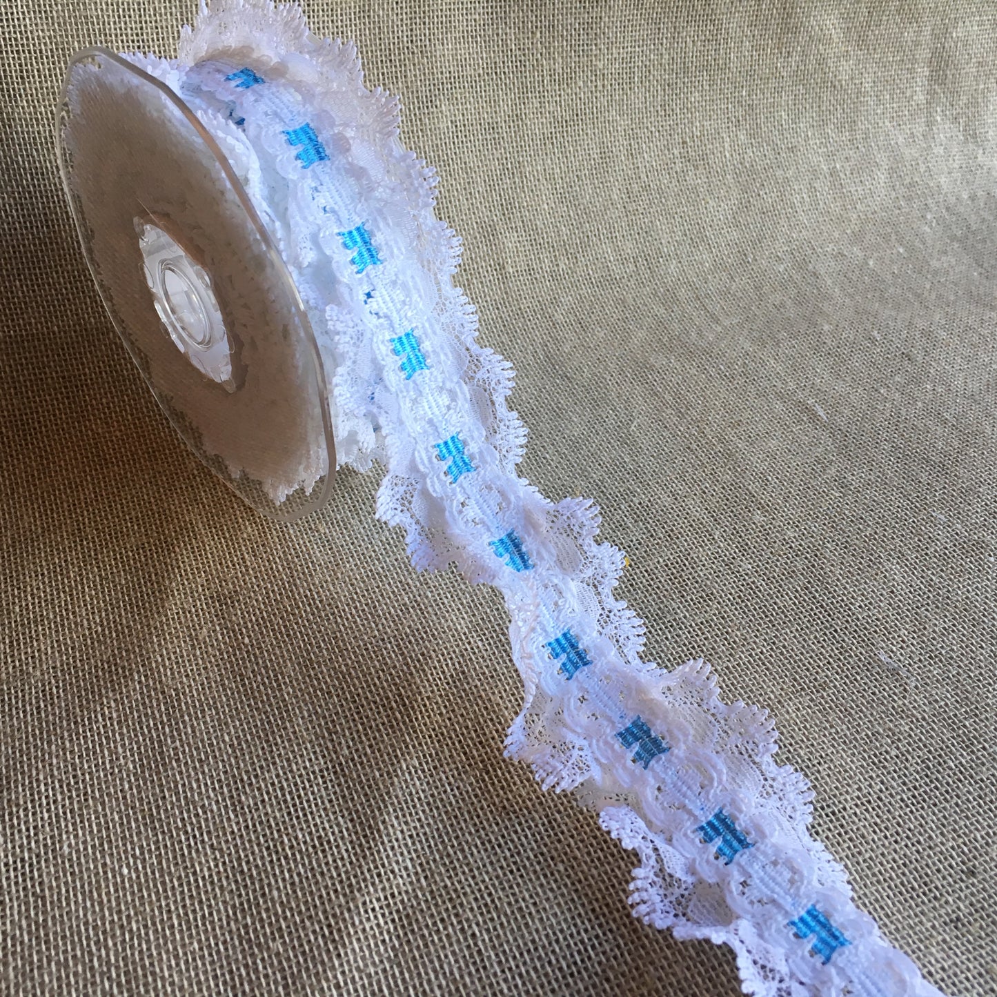 Lace Double Frill with Ribbon Slot 35mm White/Blue 5 metre reel