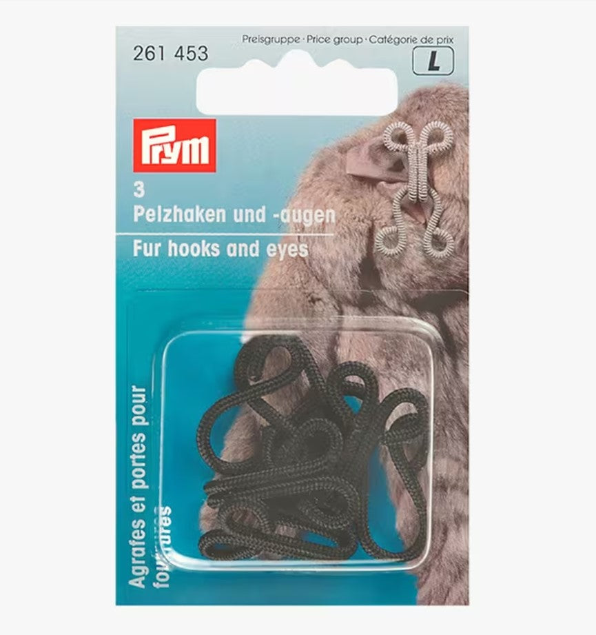 Prym Fur Hook & Eyes Black size 40mm x 20mm with 3 units per card.