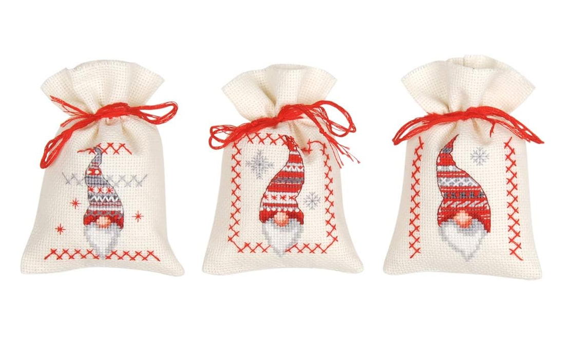 Vervaco Counted Cross Stitch: Pot-Pouri Bag: Christmas Elves (Set of 3), COTTON, NA, 8 x 12cm