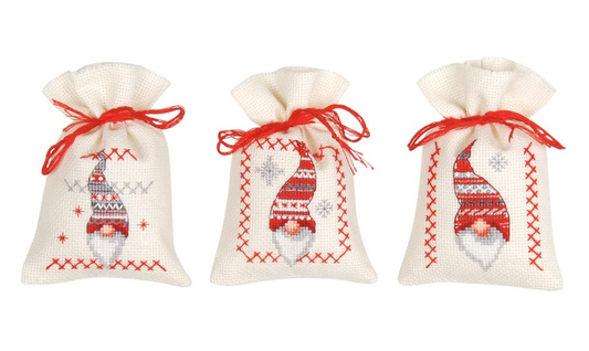 Vervaco Counted Cross Stitch: Pot-Pouri Bag: Christmas Elves (Set of 3), COTTON, NA, 8 x 12cm