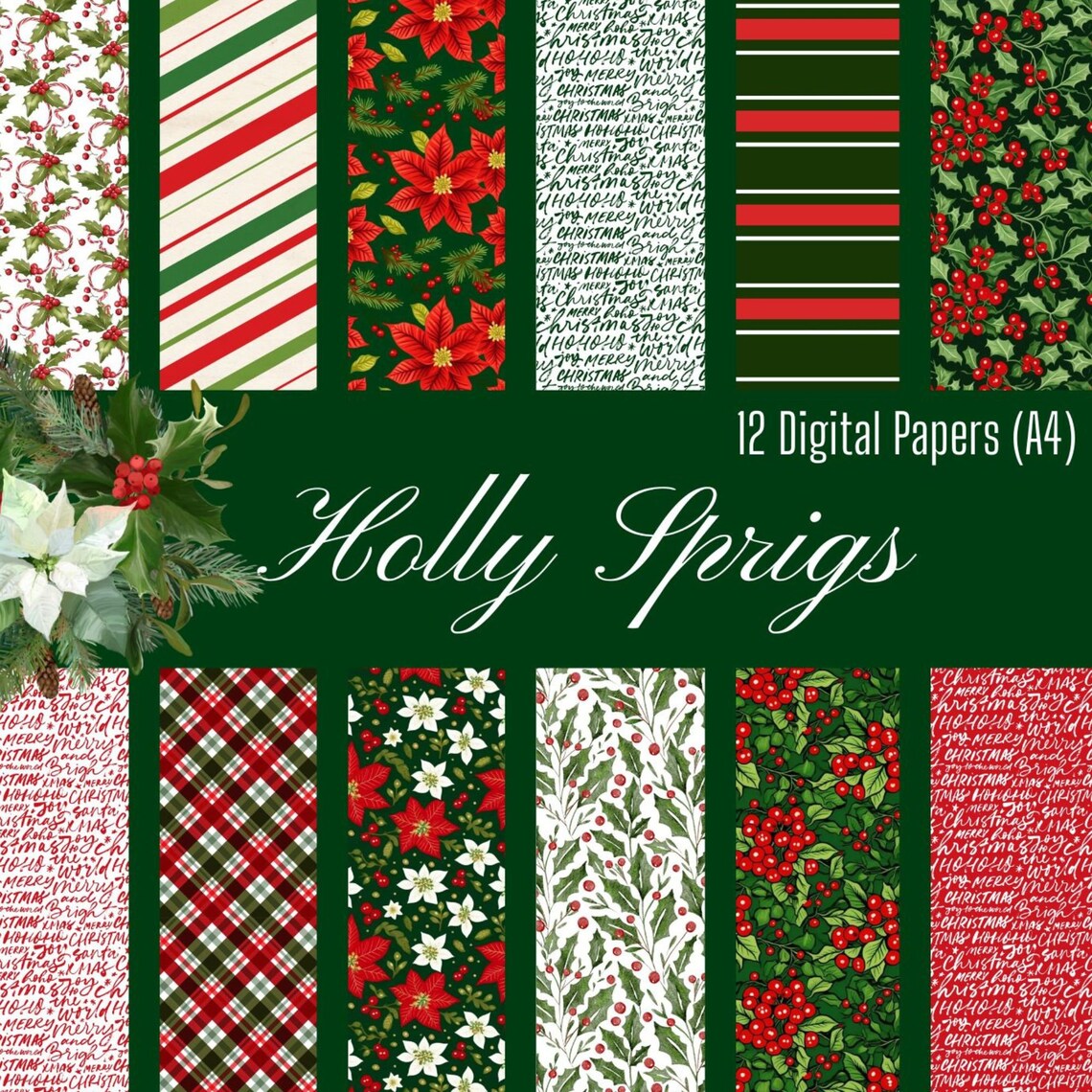 Digital Kit A4 Papers Holly Sprigs - 12 designs